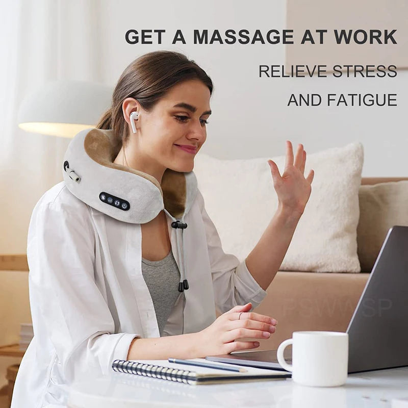 Electric U Shaped Massage Pillow Heated Neck Massager Memory Foam Soft Sleeping Travel Airplane Pillow Cervical Health Care Tool